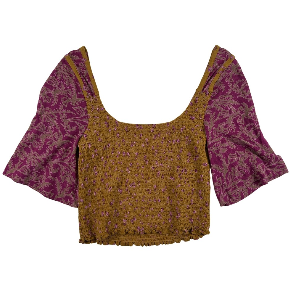Free People Top Womens‎ Small Boho Puff Sleeve Smocked Floral Shirt
